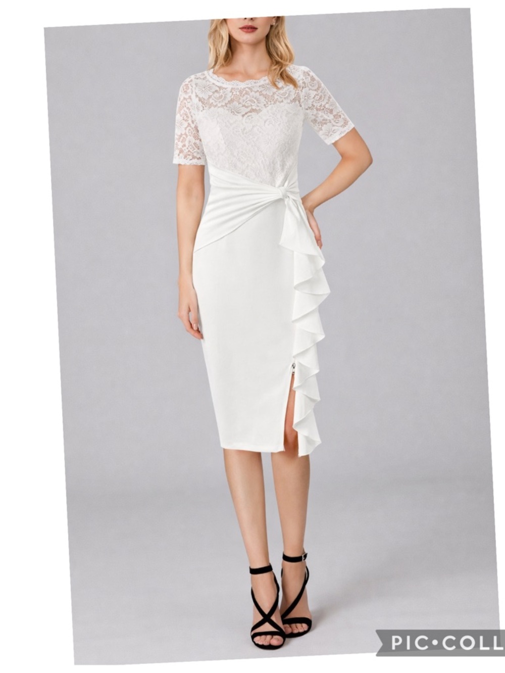NWT VFSHOW White Lace Ruffle Sheath Midi Dress Front Slit Size M Bridal
